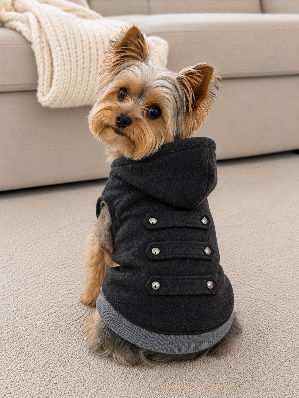 Small breed dog dark gray hooded jacket size small